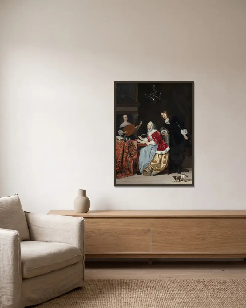 Młoda kobieta komponująca utwór muzyczny, Gabriel Metsu w ramie na ścianie