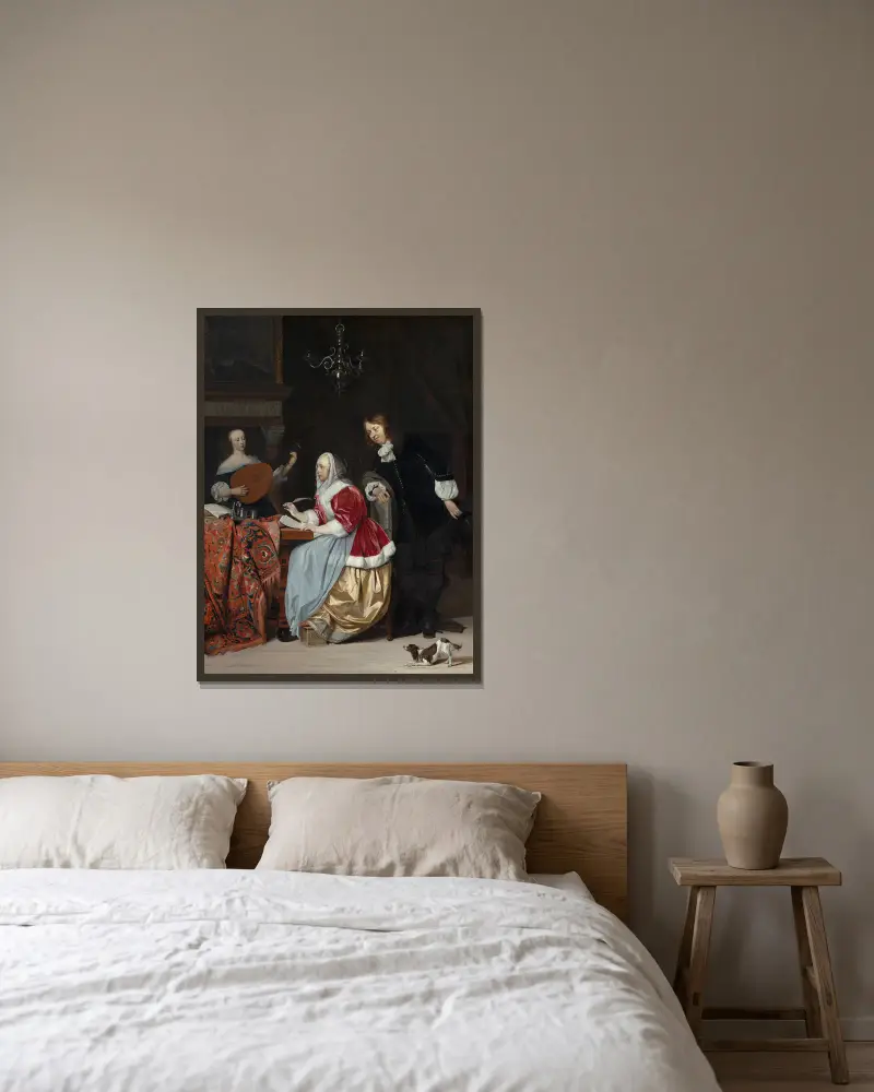 Młoda kobieta komponująca utwór muzyczny, Gabriel Metsu w ramie na ścianie