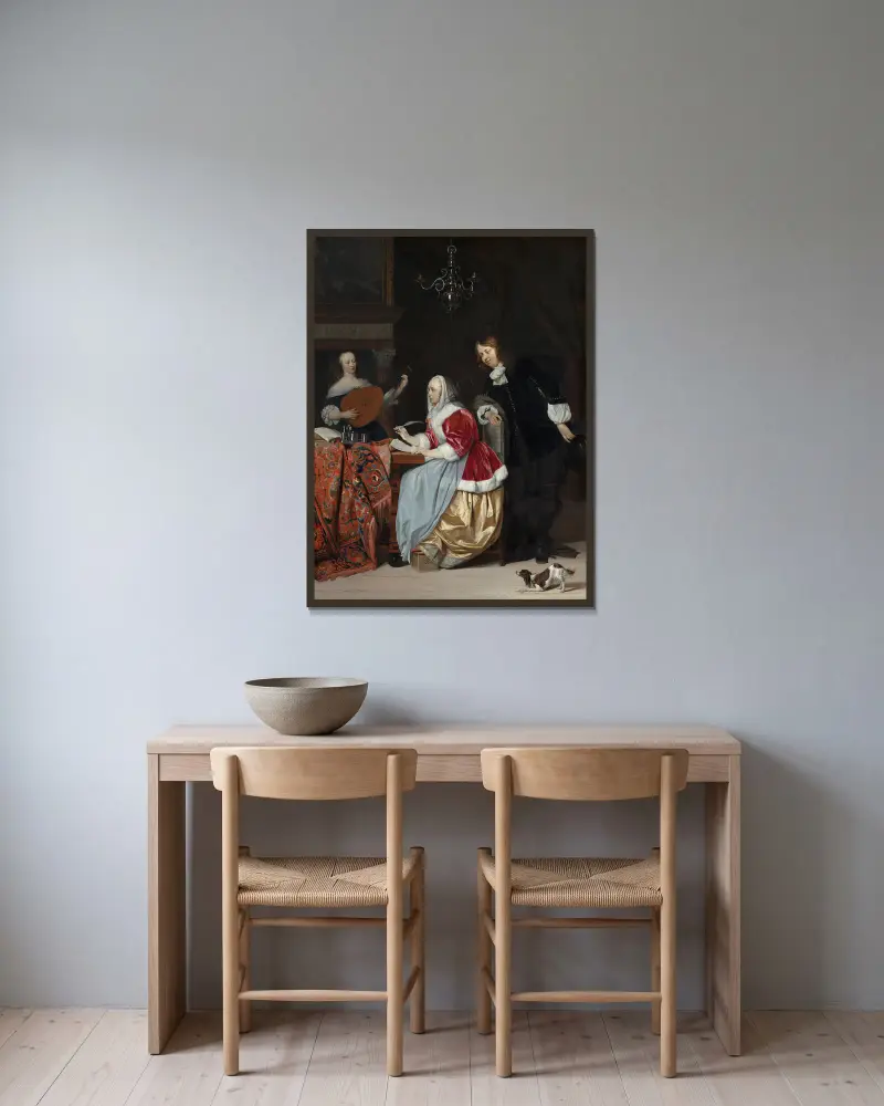 Młoda kobieta komponująca utwór muzyczny, Gabriel Metsu w ramie na ścianie