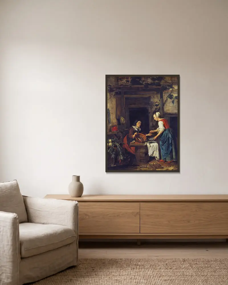 Eine alte Frau, die Fisch verkauft von Gabriel Metsu gerahmt an einer Wand