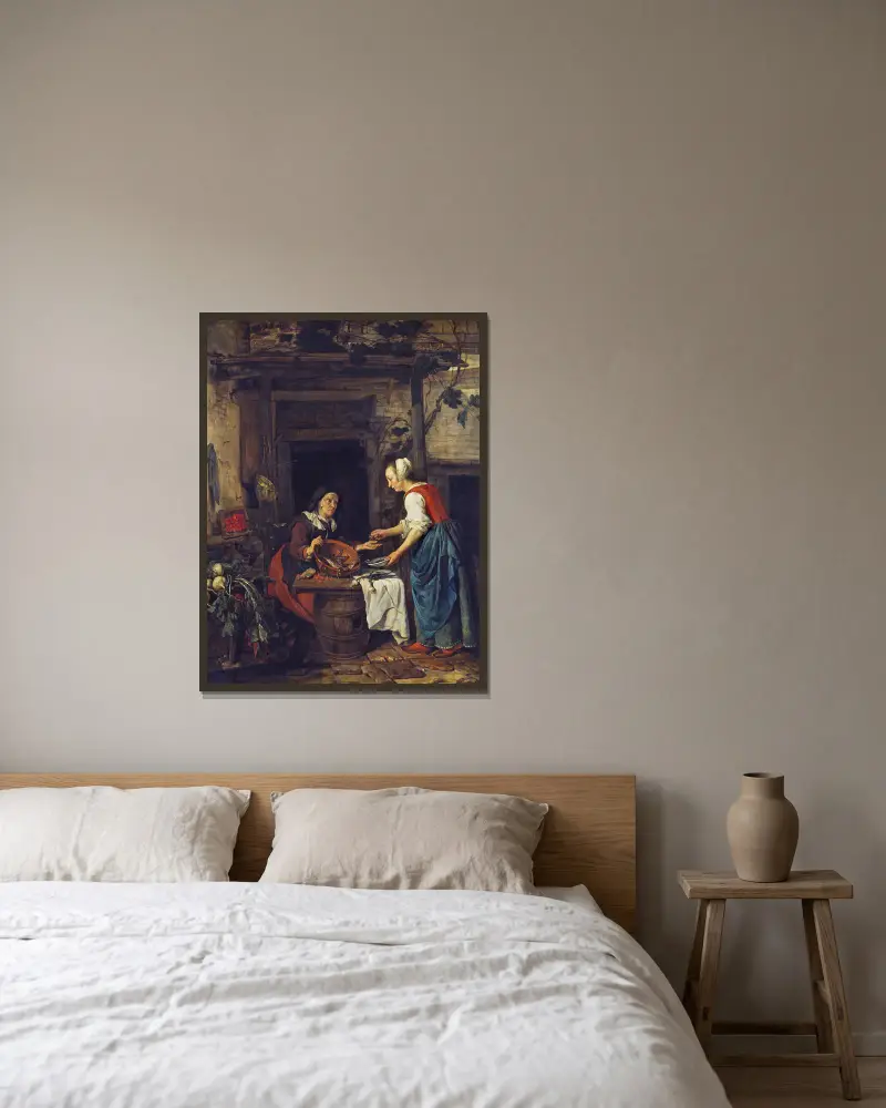 Eine alte Frau, die Fisch verkauft von Gabriel Metsu gerahmt an einer Wand