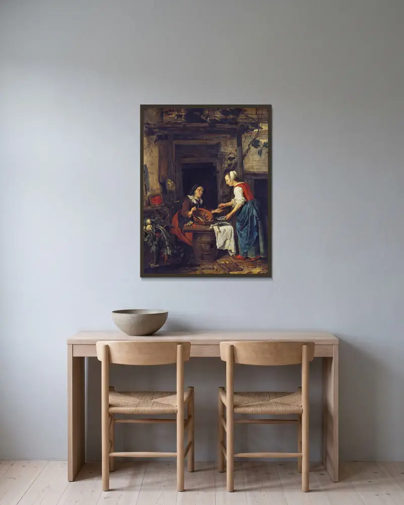 Eine alte Frau, die Fisch verkauft von Gabriel Metsu gerahmt an einer Wand