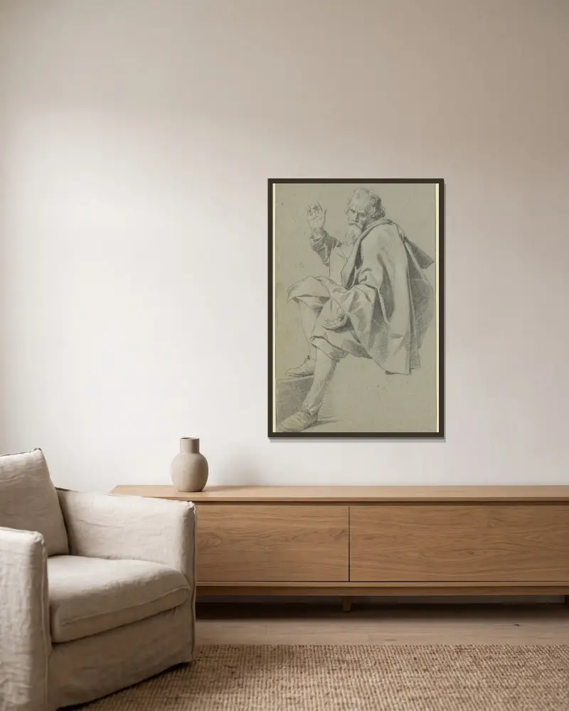 Bärtiger Mann sitzend nach links, die Rechte mit angewinkeltem Mittelfinger erhoben von Gabriel Metsu gerahmt an einer Wand