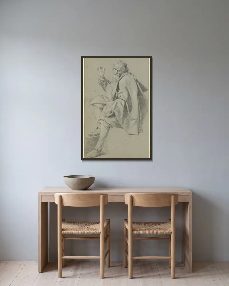 Bärtiger Mann sitzend nach links, die Rechte mit angewinkeltem Mittelfinger erhoben von Gabriel Metsu gerahmt an einer Wand