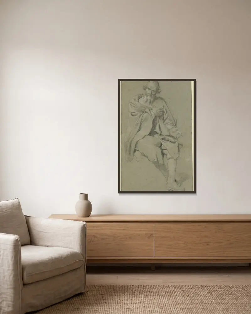 Bärtiger Mann sitzend nach rechts, die Rechte auf die Brust gelegt von Gabriel Metsu gerahmt an einer Wand