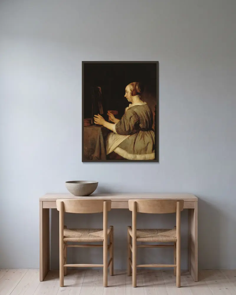 Kvinna med spegel av Gabriel Metsu inramad på en vägg