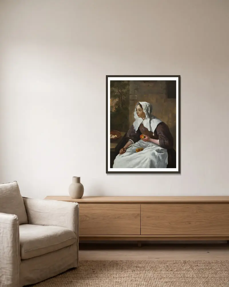 Dívka loupající jablka, Gabriel Metsu v rámu na stěně