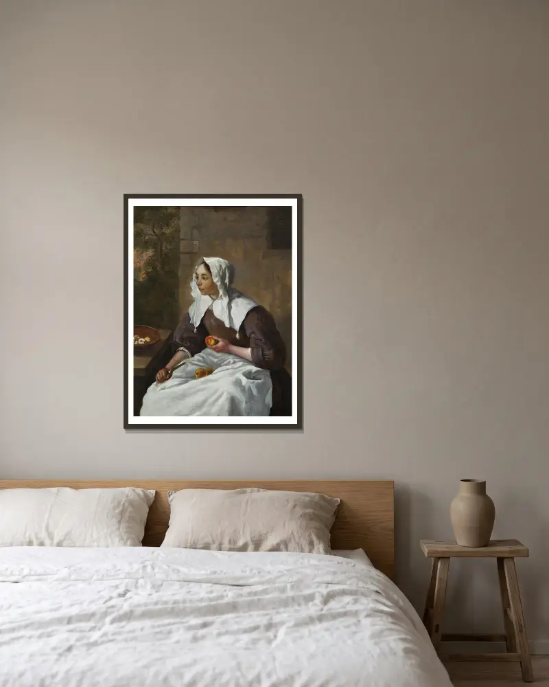 Dívka loupající jablka, Gabriel Metsu v rámu na stěně