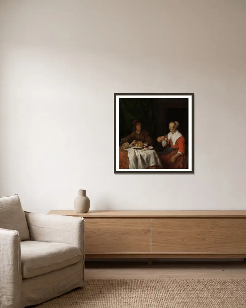 Mann und Frau bei einer Mahlzeit von Gabriel Metsu gerahmt an einer Wand