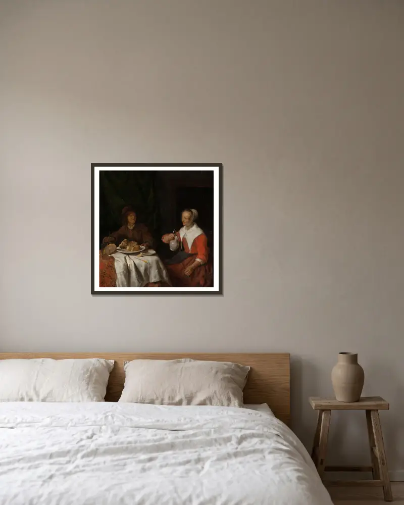 Mann und Frau bei einer Mahlzeit von Gabriel Metsu gerahmt an einer Wand