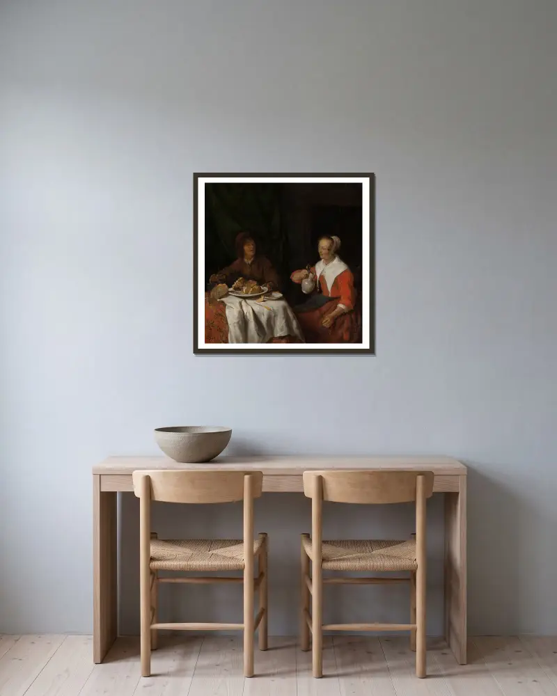 Mann und Frau bei einer Mahlzeit von Gabriel Metsu gerahmt an einer Wand