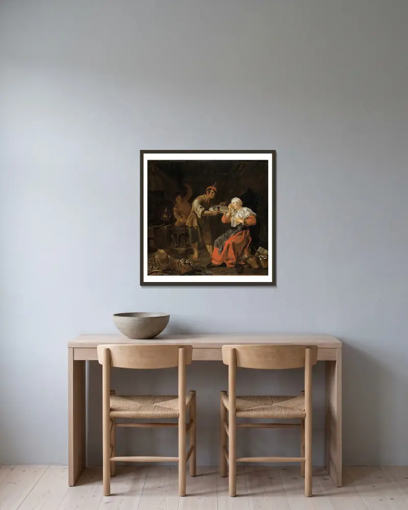 Gammal kvinna i en skvallerstol av Gabriel Metsu inramad på en vägg