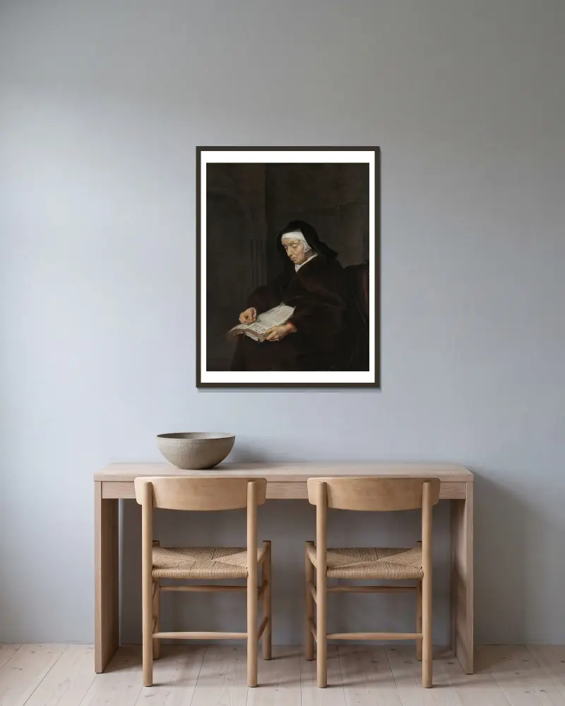 Old Woman Meditating av Gabriel Metsu inramad på en vägg