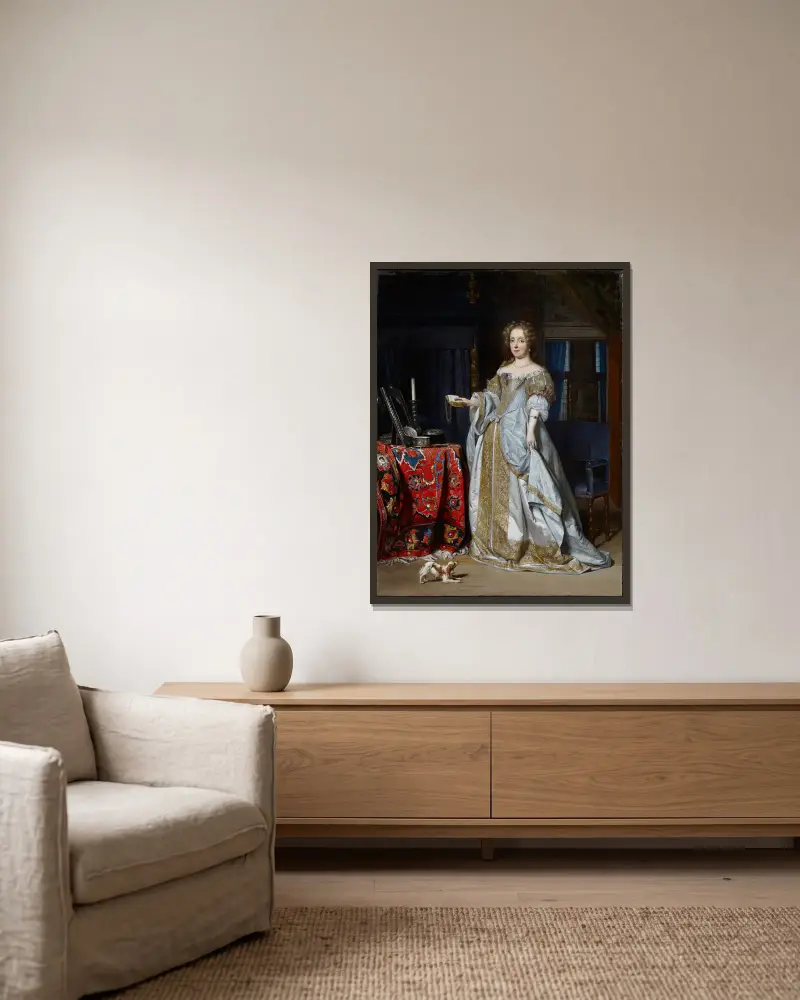 Porträt der Lucia Wijbrants von Gabriel Metsu gerahmt an einer Wand
