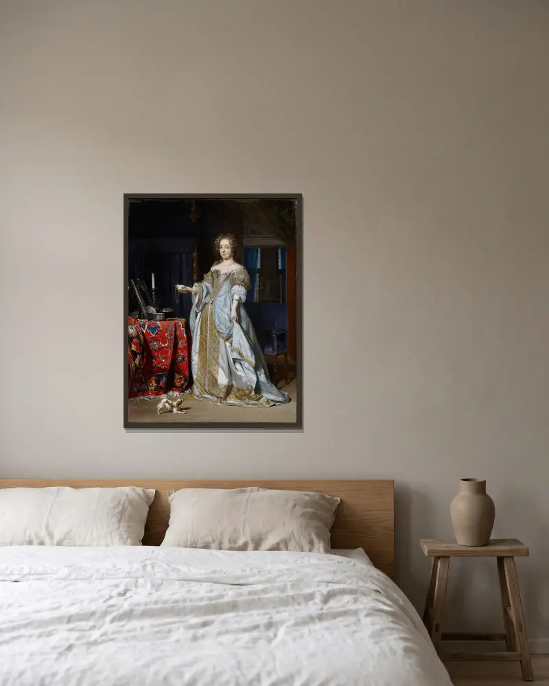 Porträt der Lucia Wijbrants von Gabriel Metsu gerahmt an einer Wand
