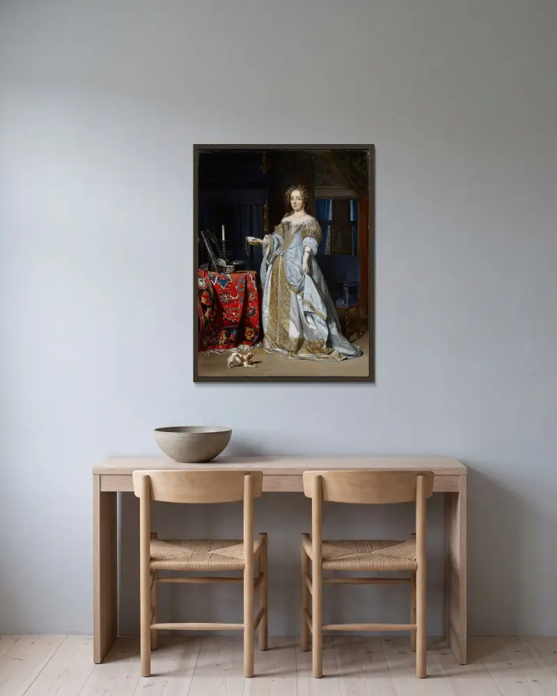 Porträt der Lucia Wijbrants von Gabriel Metsu gerahmt an einer Wand