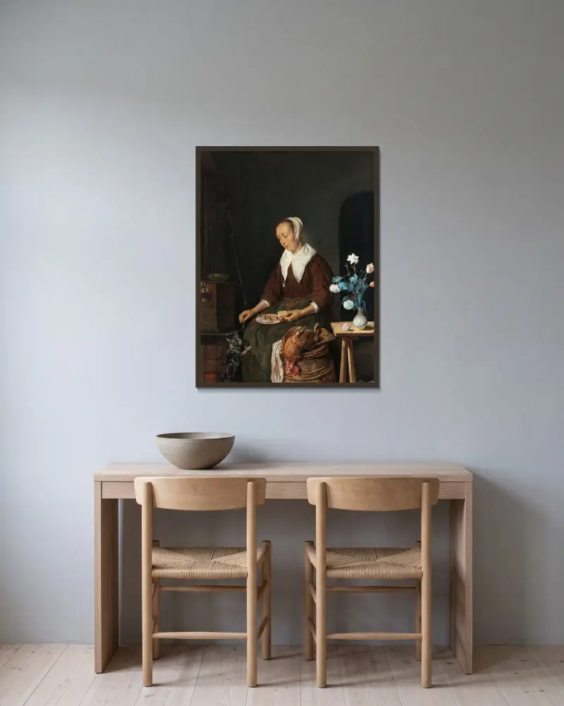 The Cat’s Breakfast av Gabriel Metsu inramad på en vägg