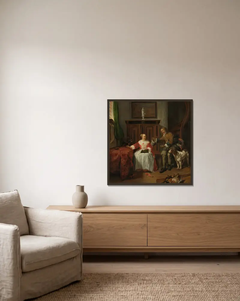 The Hunter’s Present av Gabriel Metsu inramad på en vägg