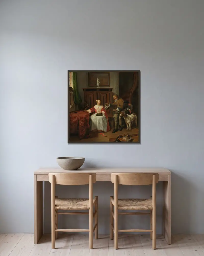 The Hunter’s Present av Gabriel Metsu inramad på en vägg