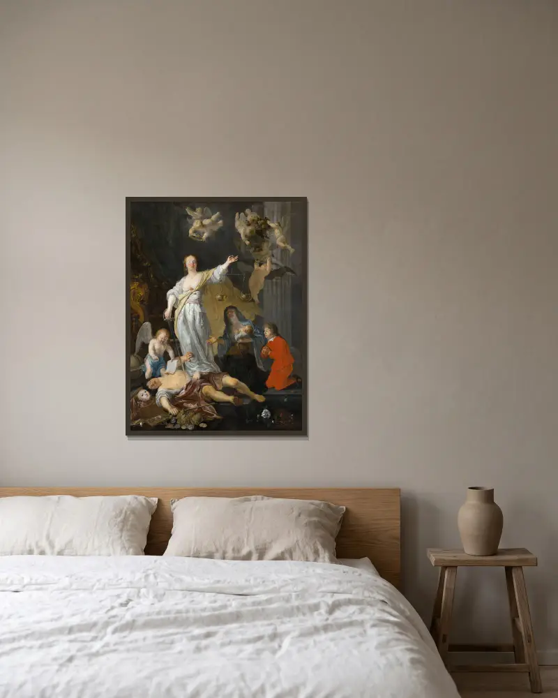Der Triumph der Gerechtigkeit von Gabriel Metsu gerahmt an einer Wand