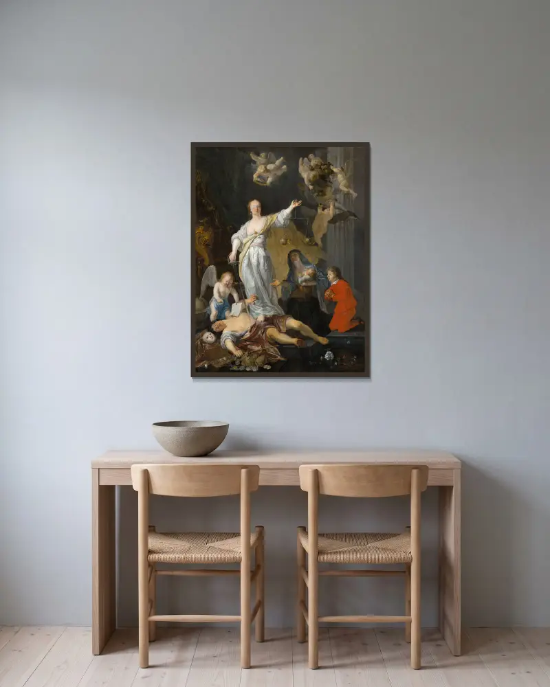 Der Triumph der Gerechtigkeit von Gabriel Metsu gerahmt an einer Wand