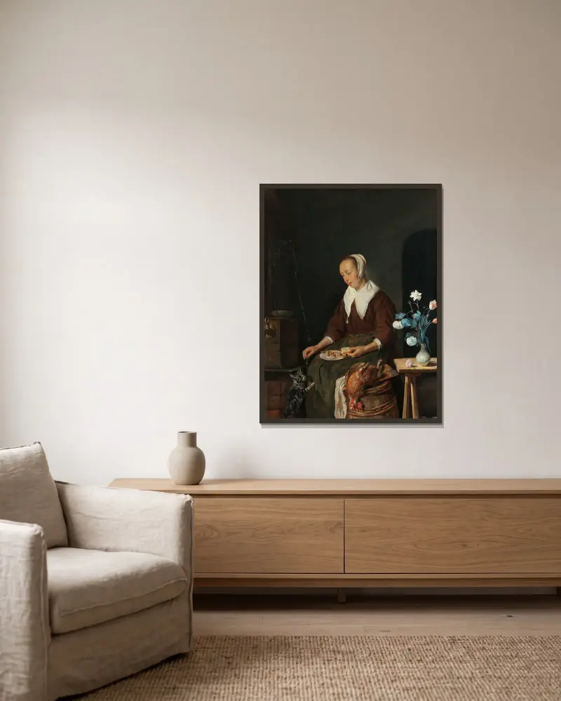 Kvinna som äter, känd som 'Kattens frukost' av Gabriel Metsu inramad på en vägg