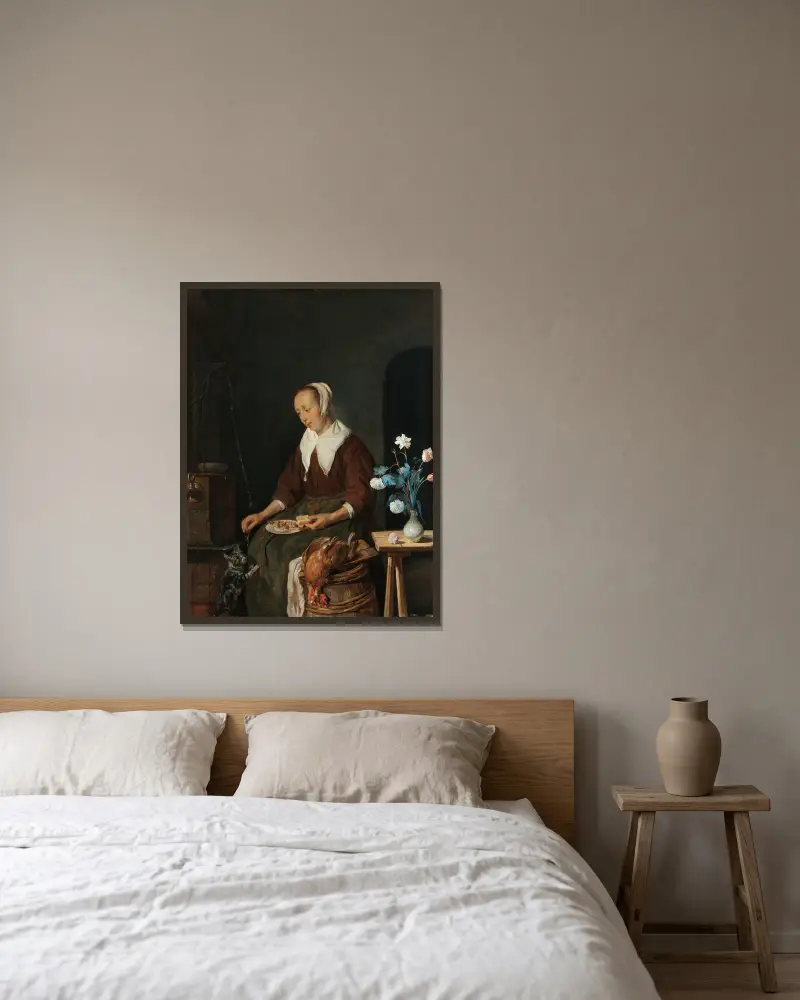 Kvinna som äter, känd som 'Kattens frukost' av Gabriel Metsu inramad på en vägg