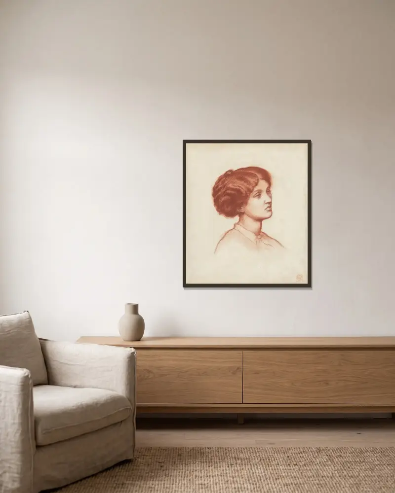 Studie av Mrs Frederick Leyland, bröstbild, för 'Monna Rosa' av Dante Gabriel Rossetti inramad på en vägg