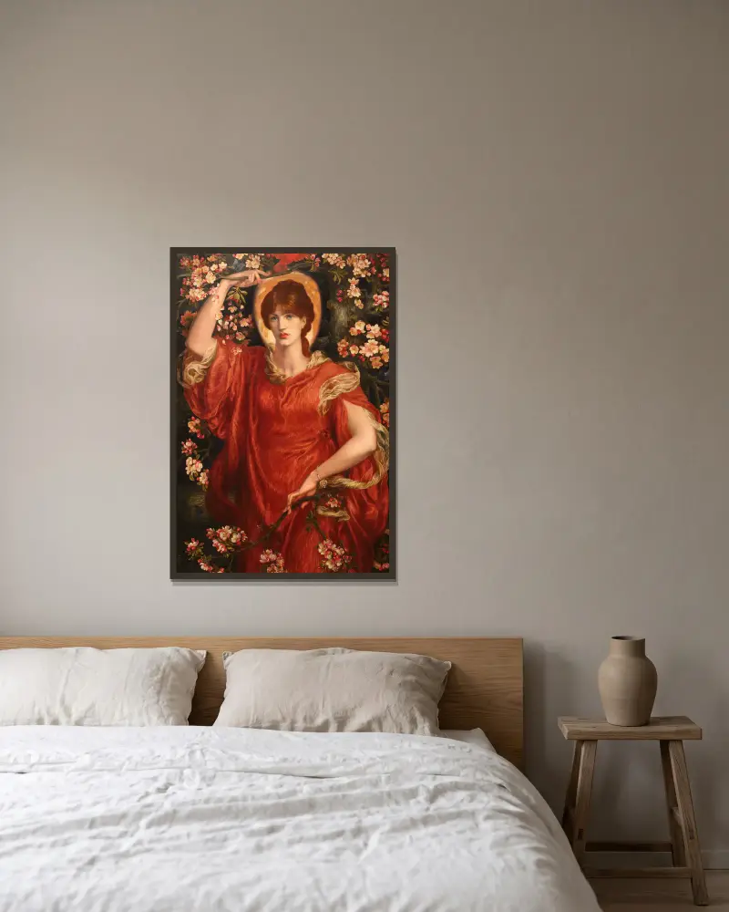 En vision av Fiammetta av Dante Gabriel Rossetti inramad på en vägg
