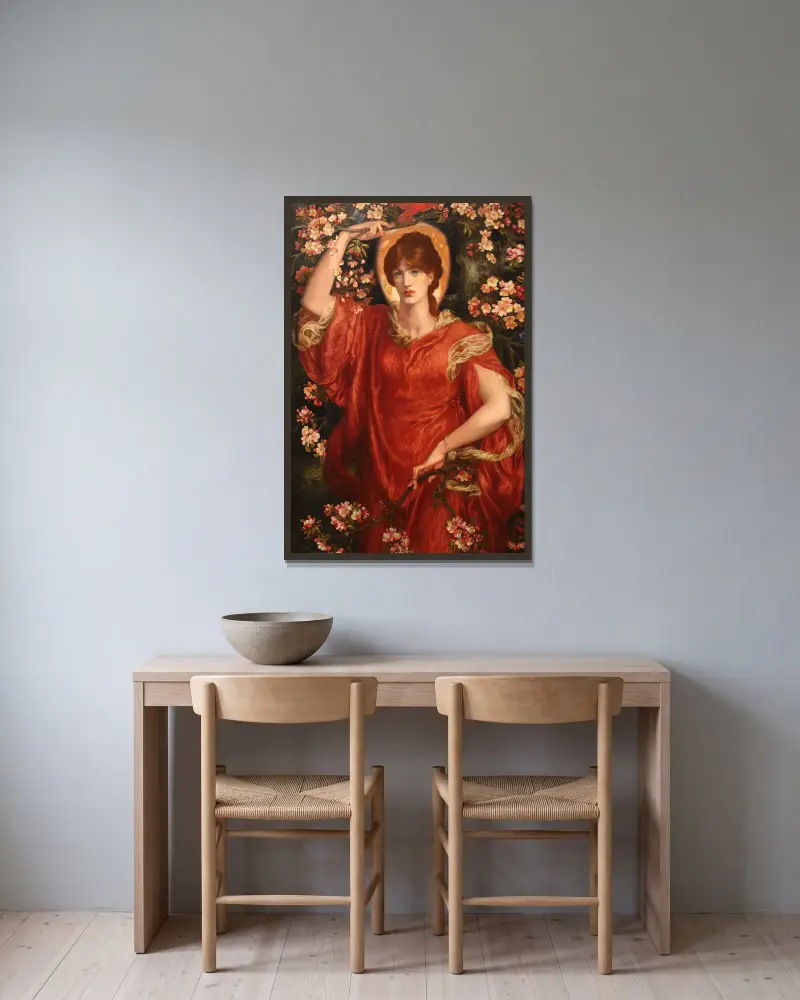 En vision av Fiammetta av Dante Gabriel Rossetti inramad på en vägg