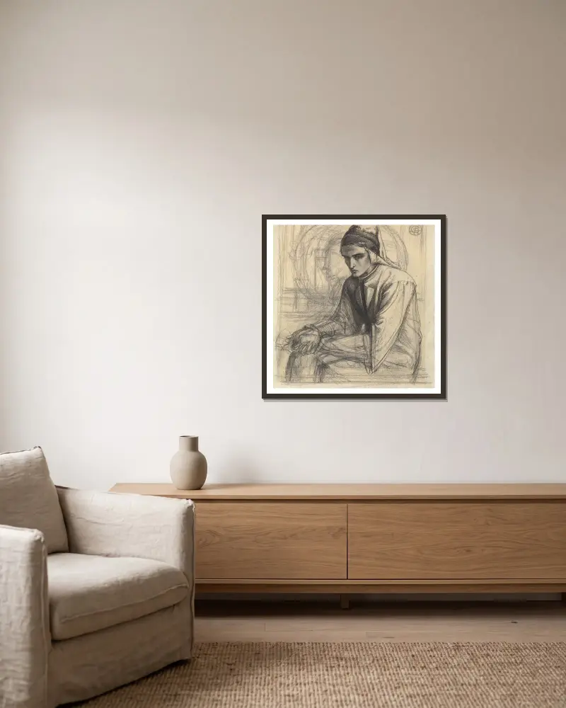 Dante in Meditation mit einem Granatapfel von Dante Gabriel Rossetti gerahmt an einer Wand