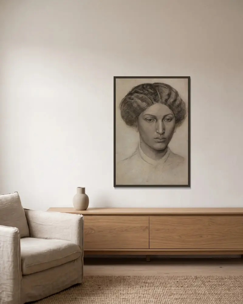Huvud av en ung kvinna av Dante Gabriel Rossetti inramad på en vägg