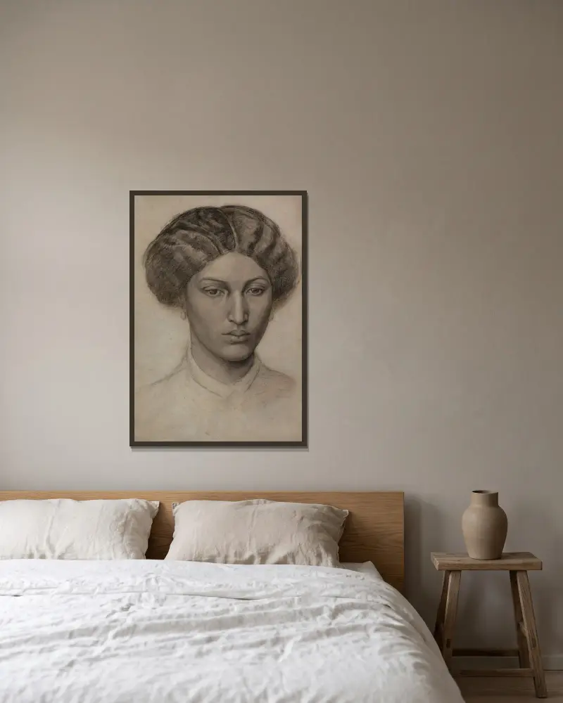 Huvud av en ung kvinna av Dante Gabriel Rossetti inramad på en vägg