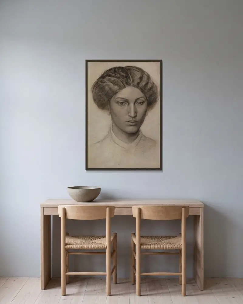 Huvud av en ung kvinna av Dante Gabriel Rossetti inramad på en vägg