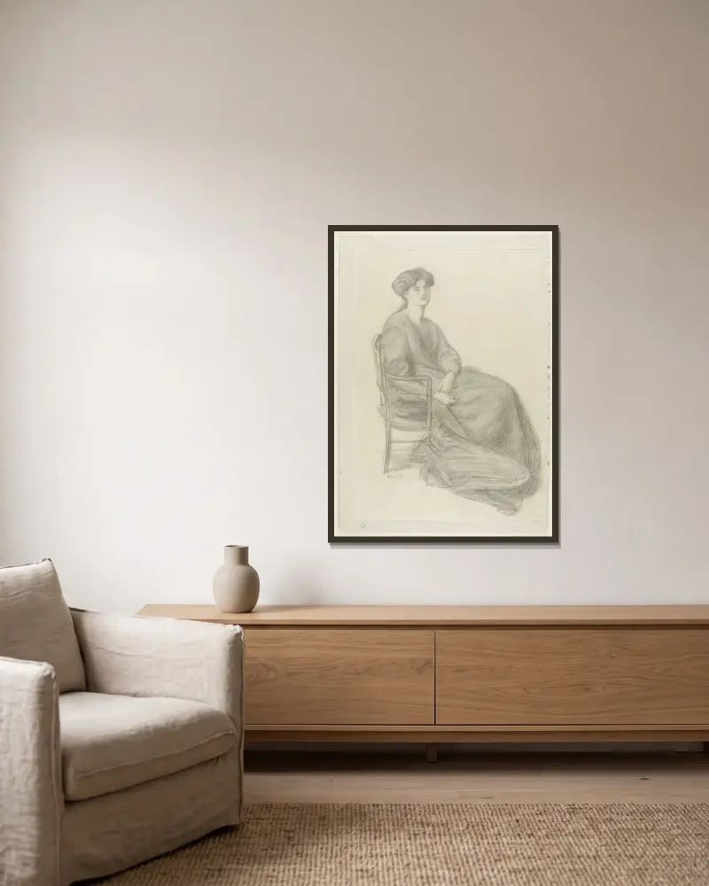 Mrs William Morris sittande i stol av Dante Gabriel Rossetti inramad på en vägg