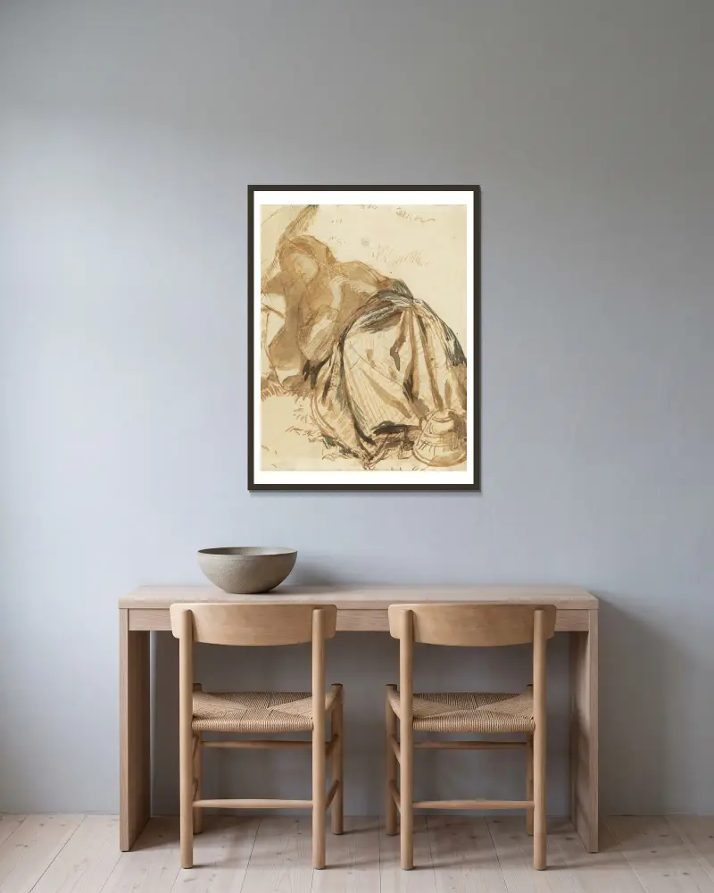 Porträt von Elizabeth Siddal, ruhend, einen Sonnenschirm haltend von Dante Gabriel Rossetti gerahmt an einer Wand