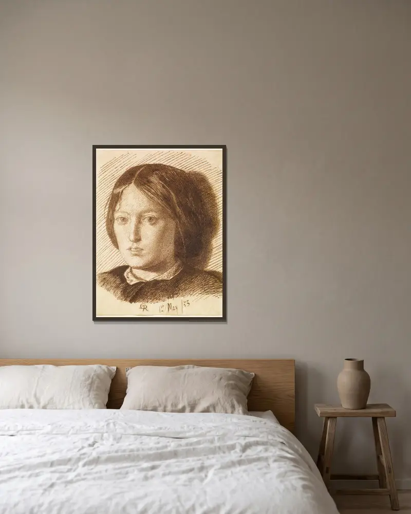 Portrait of Emma Madox Brown av Dante Gabriel Rossetti inramad på en vägg