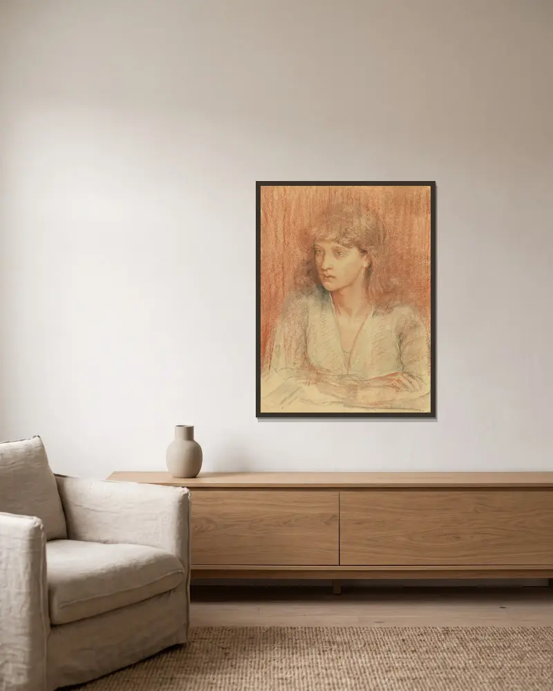 Porträtt av May Morris av Dante Gabriel Rossetti inramad på en vägg