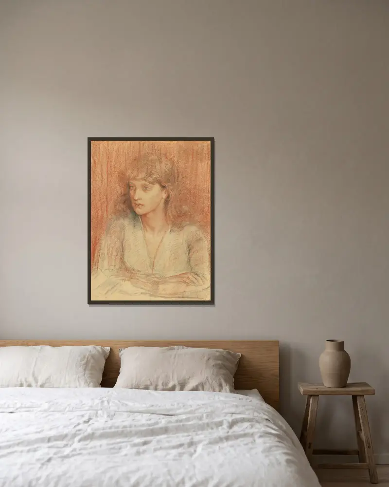Porträtt av May Morris av Dante Gabriel Rossetti inramad på en vägg