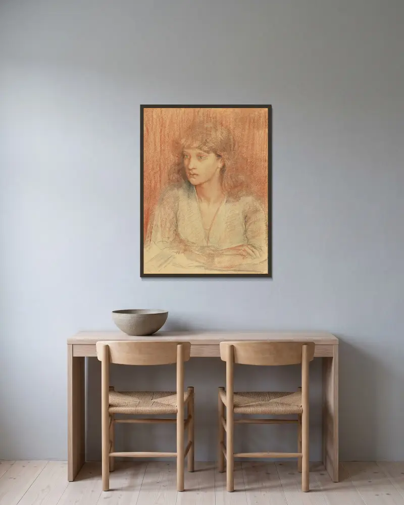 Porträtt av May Morris av Dante Gabriel Rossetti inramad på en vägg
