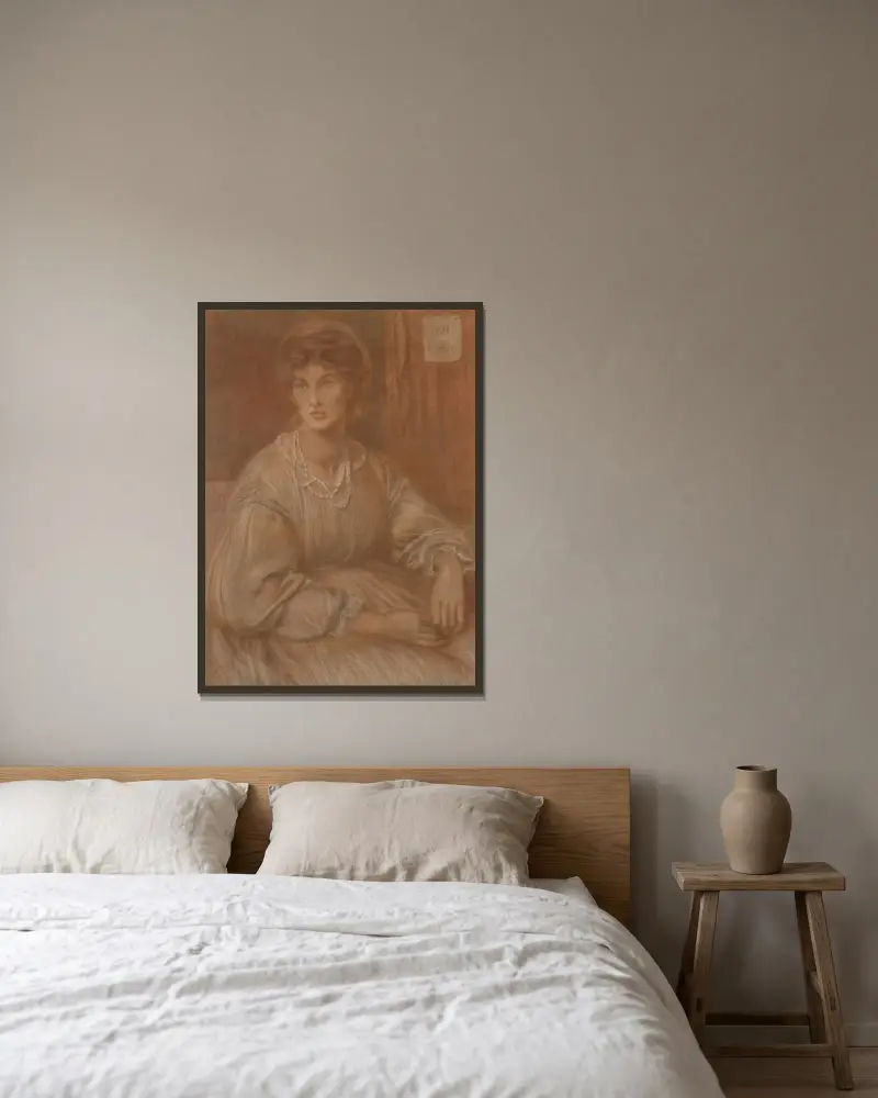 Porträtt av Mrs Charles Howell av Dante Gabriel Rossetti inramad på en vägg