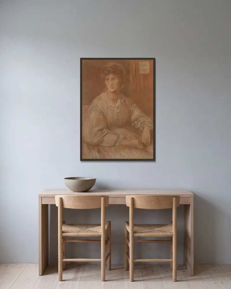 Porträtt av Mrs Charles Howell av Dante Gabriel Rossetti inramad på en vägg