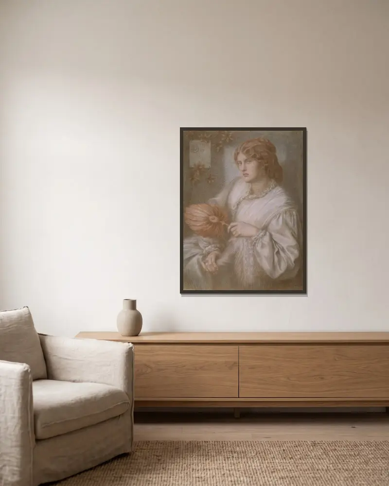 Porträt einer Frau mit Fächer von Dante Gabriel Rossetti gerahmt an einer Wand
