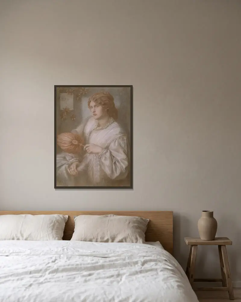 Porträt einer Frau mit Fächer von Dante Gabriel Rossetti gerahmt an einer Wand