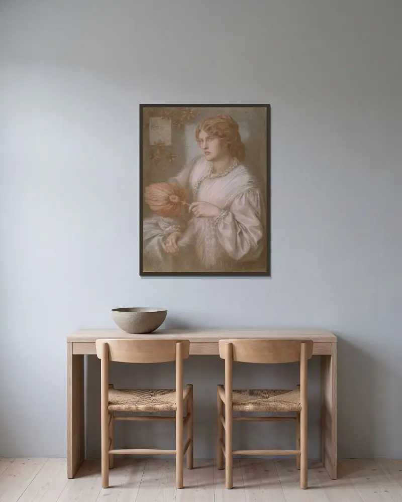 Porträt einer Frau mit Fächer von Dante Gabriel Rossetti gerahmt an einer Wand