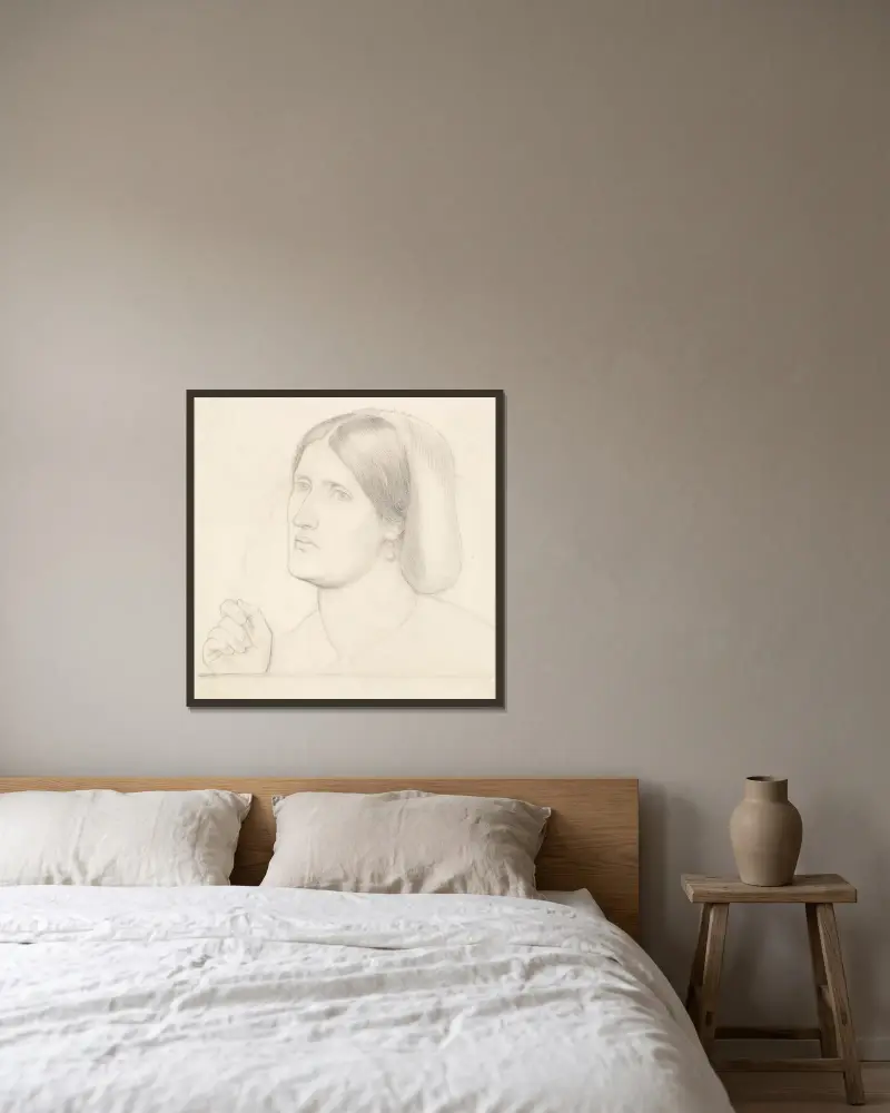 Regina Cordium – Studie av Mrs Aldam Heaton av Dante Gabriel Rossetti inramad på en vägg