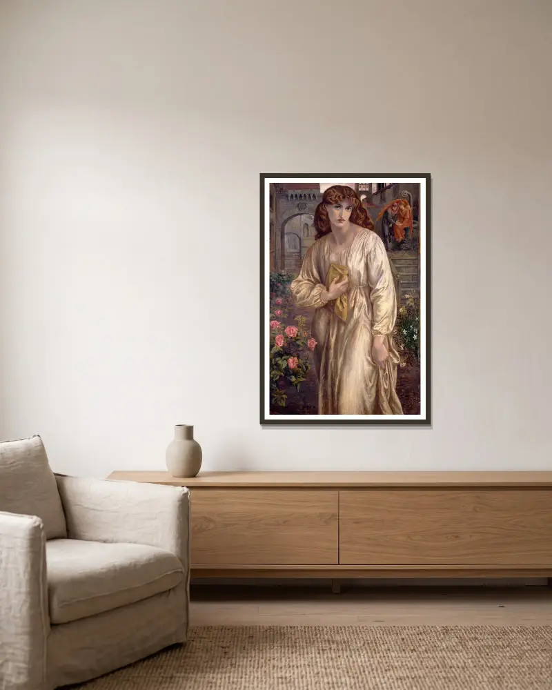 Salutation of Beatrice av Dante Gabriel Rossetti inramad på en vägg