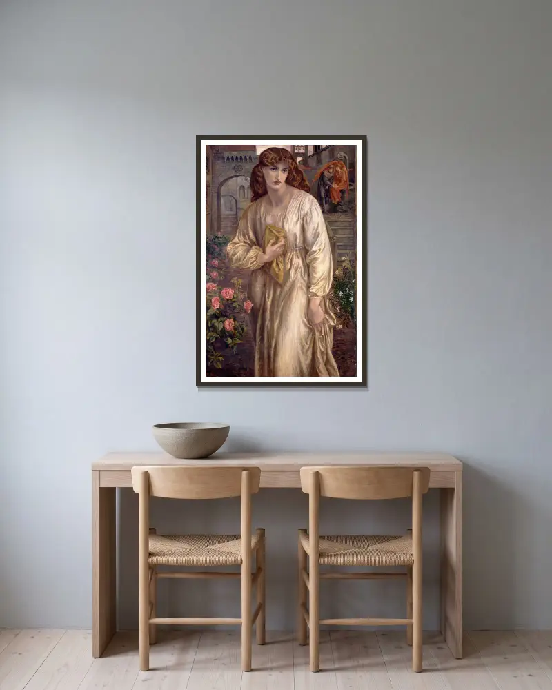 Salutation of Beatrice av Dante Gabriel Rossetti inramad på en vägg
