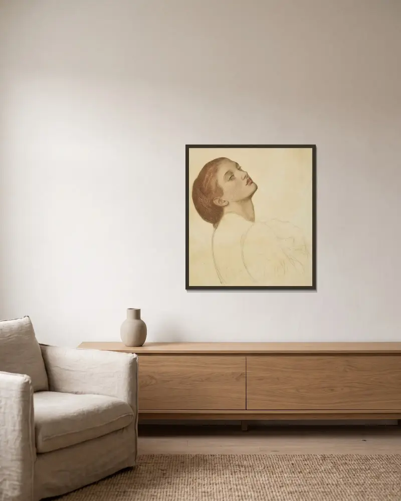 Studie für ‚Marigolds – The Bower Maiden, Fleur-de-Marie‘ von Dante Gabriel Rossetti gerahmt an einer Wand