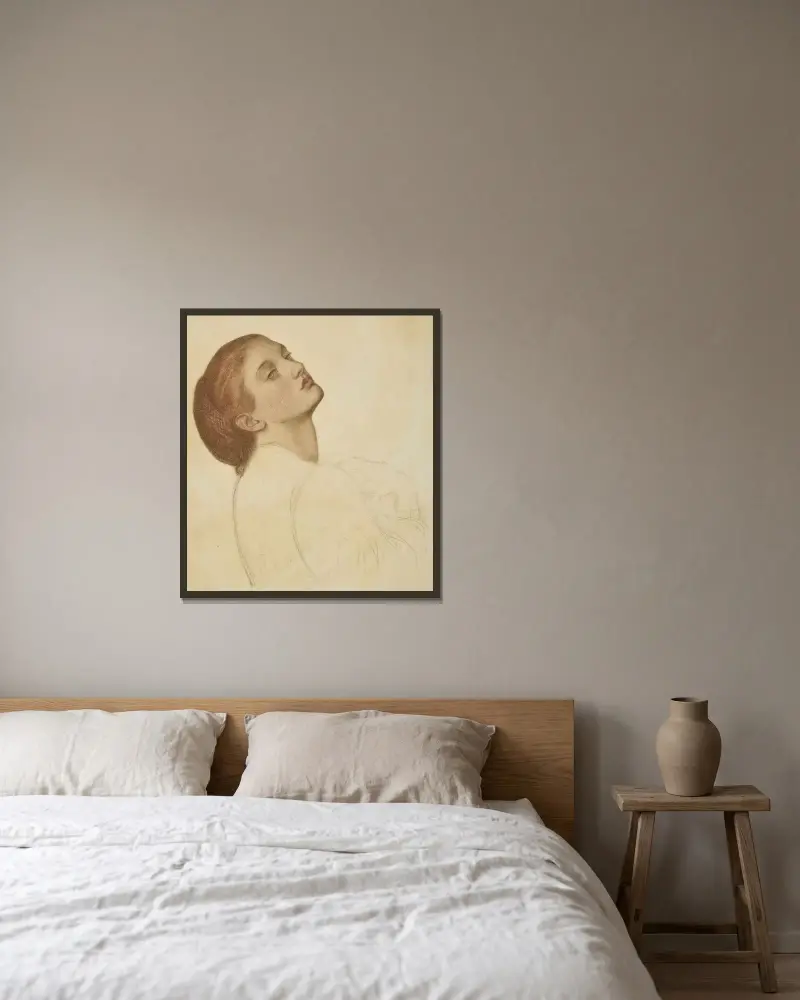 Studie für ‚Marigolds – The Bower Maiden, Fleur-de-Marie‘ von Dante Gabriel Rossetti gerahmt an einer Wand